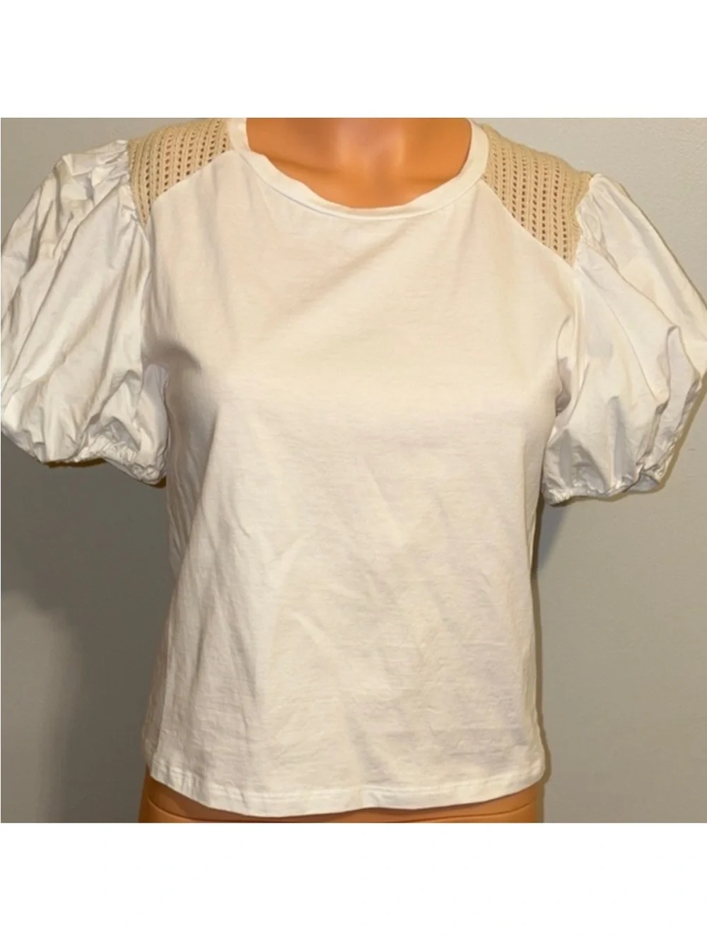 Zara White Puff Sleeve Crochet-Shoulder Tee